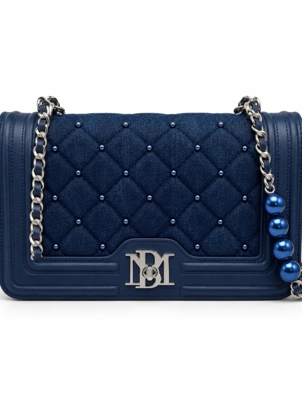 Badgley Mischka BM-4150 Navy Denim Quilted Pearl Crossbody Bag NWT